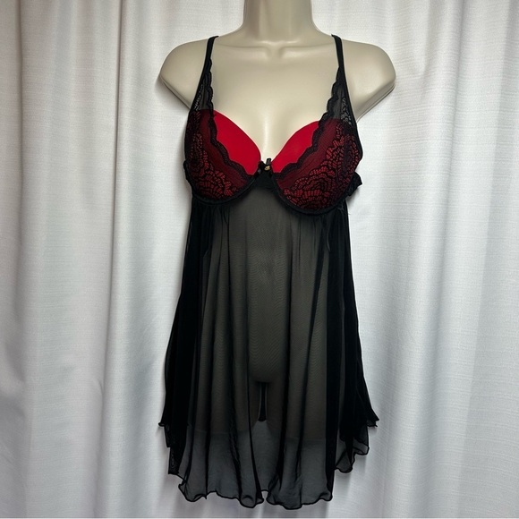Daisy Fuentes Negligie Black Red Sexy Sheer Lace Size L Babydoll Fairy Nightgown - Picture 3 of 10